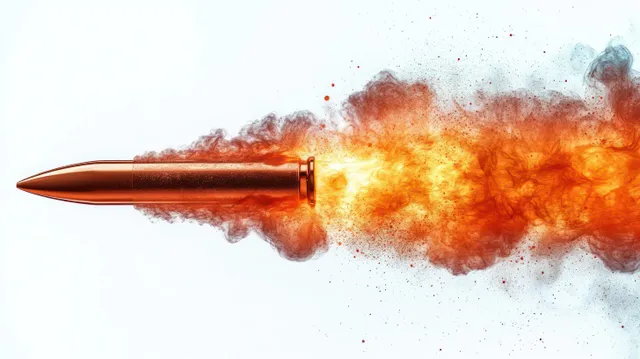 A metallic bullet in flight releases a fiery orange-red smoke plume against a white background.