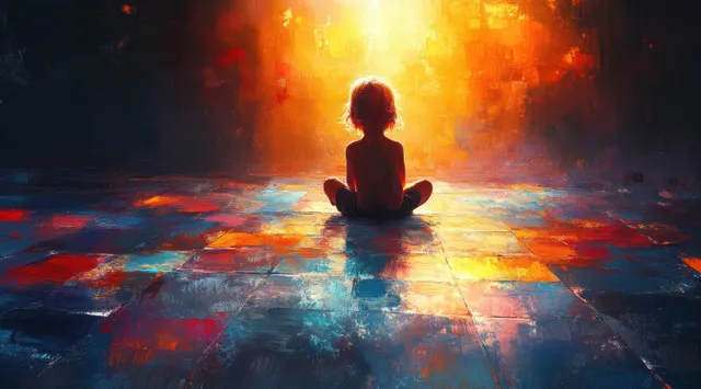 A toddler sits on a sunlit sidewalk drawing colorful chalk patterns as warm golden-hour light glows behind.