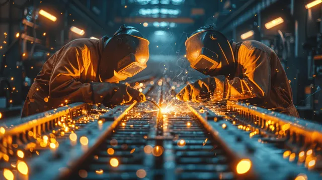 Two welders in protective helmets weld steel beams in a factory workshop surrounded by bright sparks.