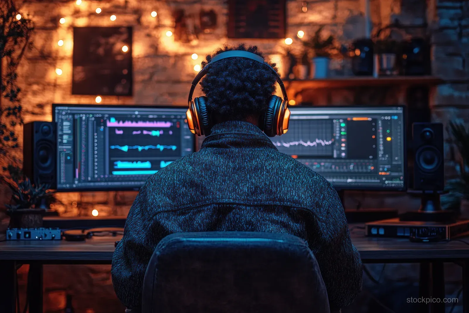A podcast host with headphones records in a studio with glowing laptop editing screens behind the desk.
