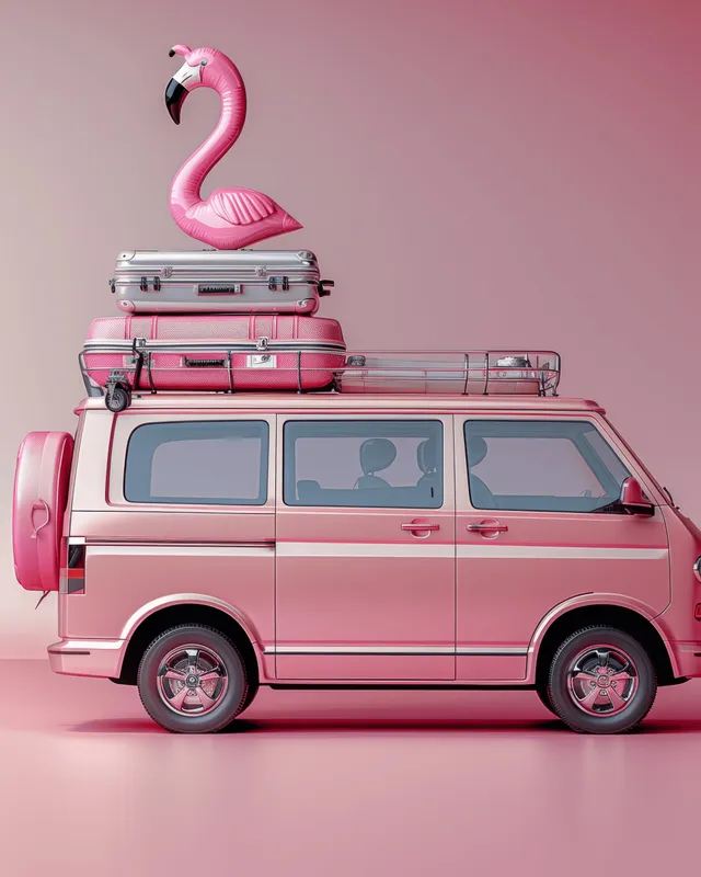 Pink van with stacked luggage and flamingo accessory on pastel summer background