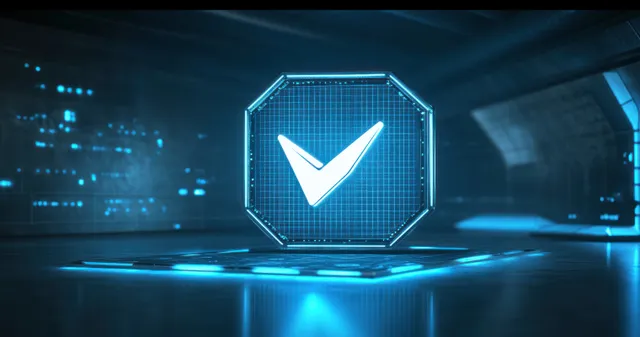 一个发光的全息对勾图标漂浮在线框六边形界面中，周围是蓝色霓虹灯光。
