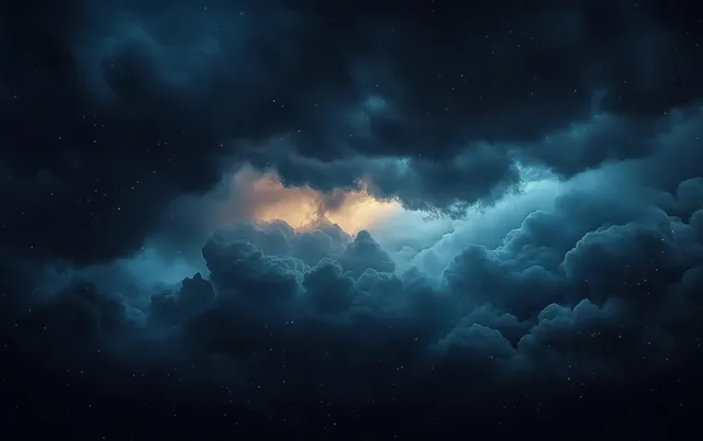Swirling dark storm clouds fill the night sky with a small warm glow breaking through.
