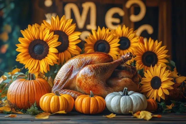 Roasted Thanksgiving turkey on a wooden table with pumpkins, autumn vegetables, and sunflowers in the background.
