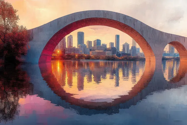 Symmetrical Minneapolis skyline framed by arched bridge reflection at twilight over calm river water