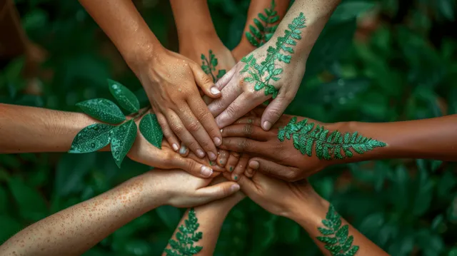 Many hands gather around fresh green sprouts, symbolizing teamwork for environmental care.