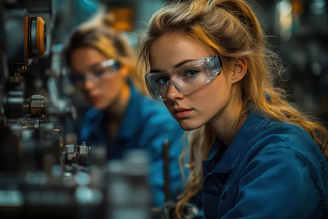 Two workers in blue uniforms collaborate at industrial machinery under blue factory lighting.