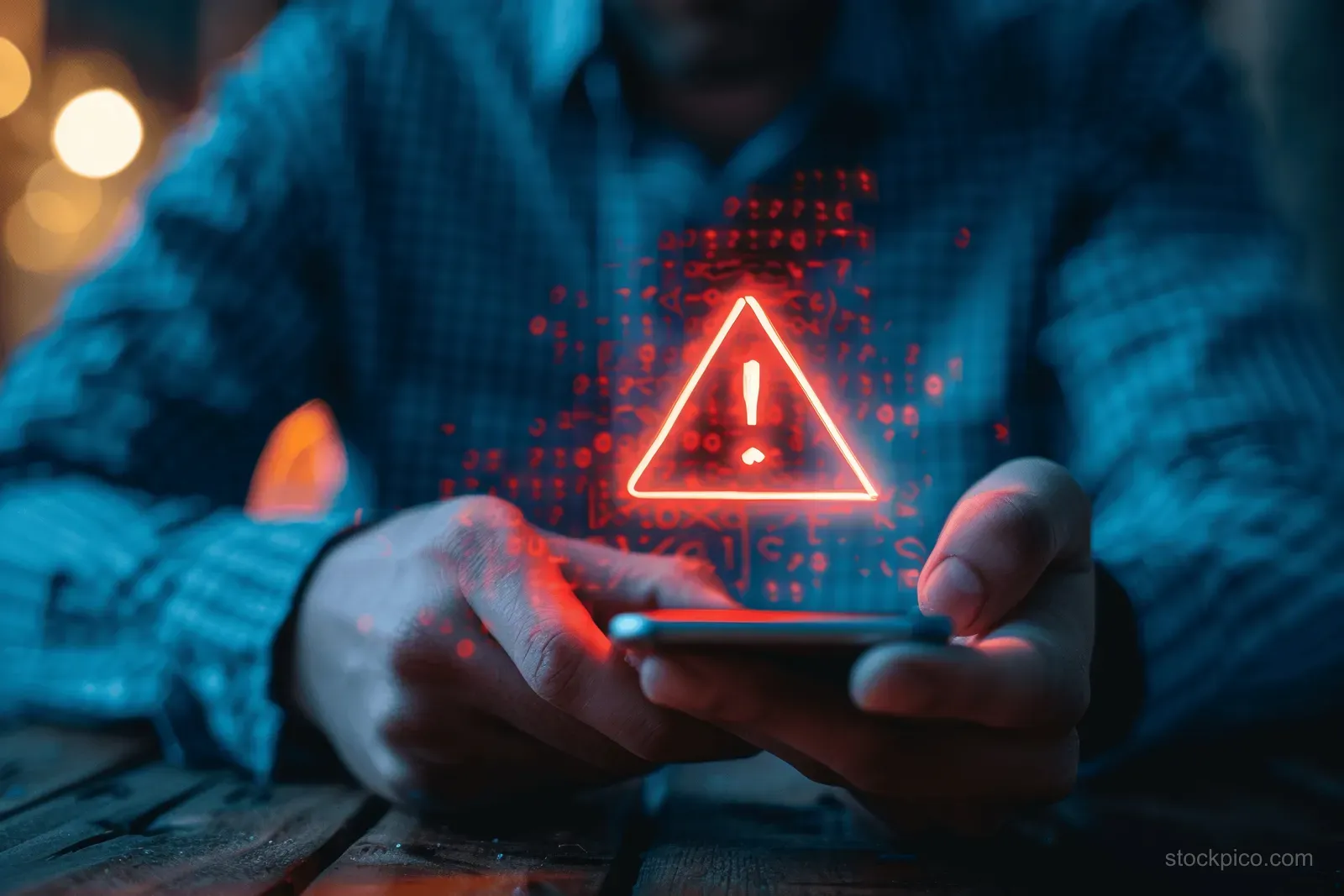 Hands holding a smartphone show a red warning triangle over a background of floating binary code.