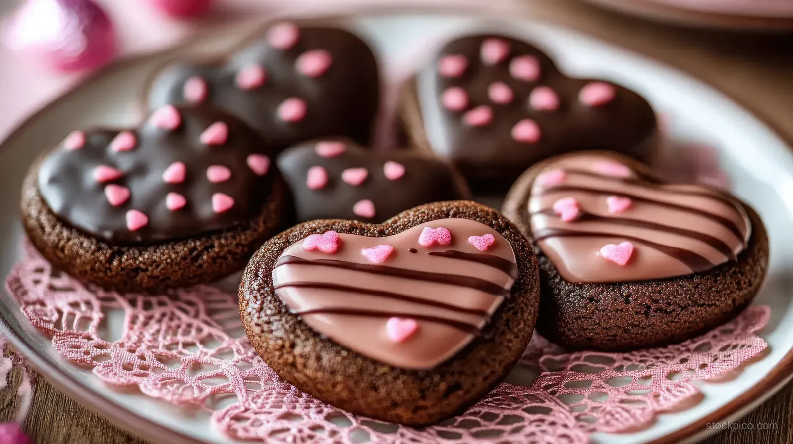 Heart-shaped chocolate cookies with pink icing and sprinkles on a white plate atop a pink lace doily.