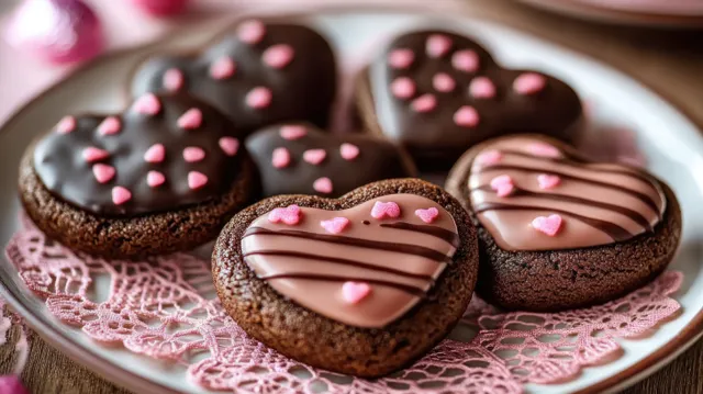 Heart-shaped chocolate cookies with pink icing and sprinkles on a white plate atop a pink lace doily.