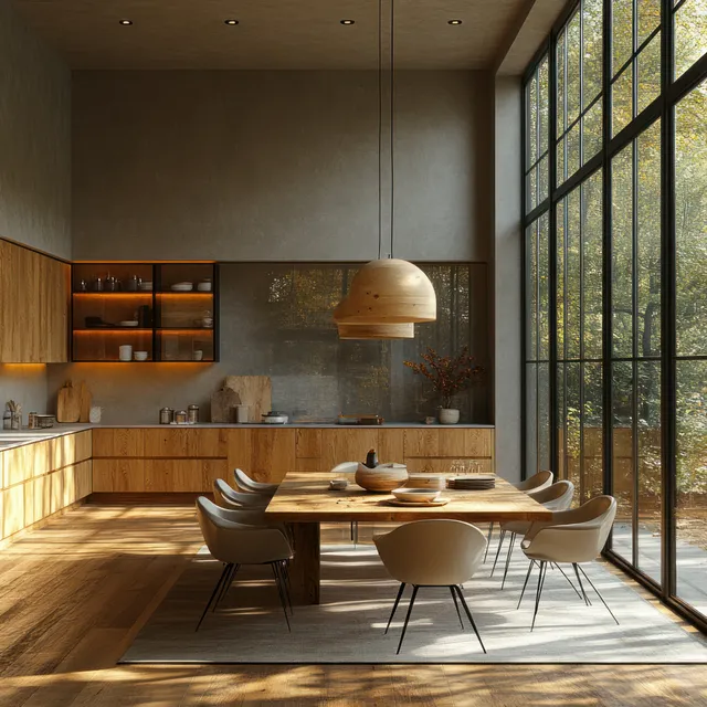 Minimalist dining room with a wooden table set, warm sunlight, and large window showing greenery outside.
