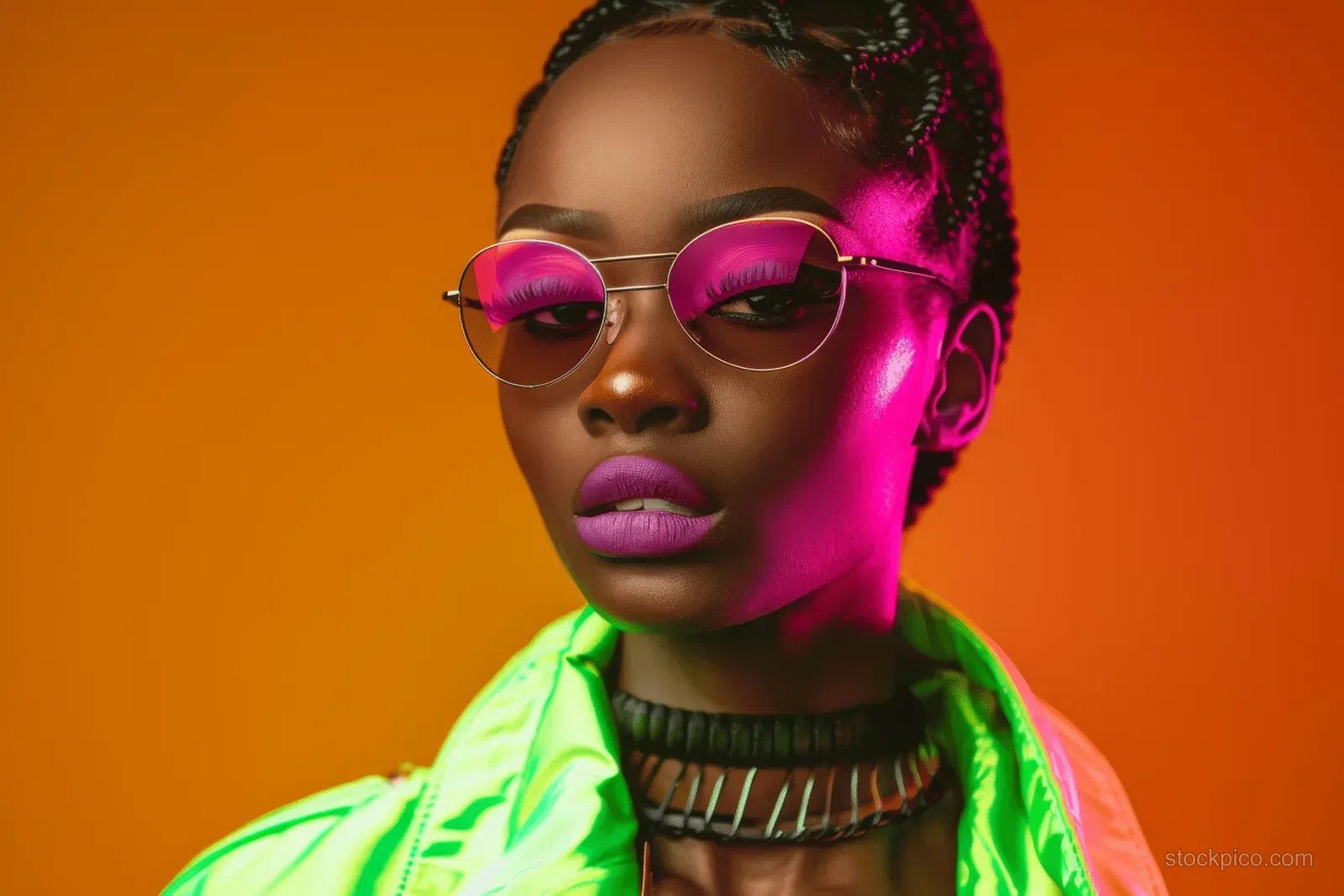 A stylish African American woman poses in a neon jacket and sunglasses with braids against a bright orange studio background.