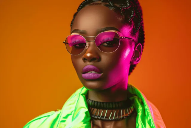 A stylish African American woman poses in a neon jacket and sunglasses with braids against a bright orange studio background.