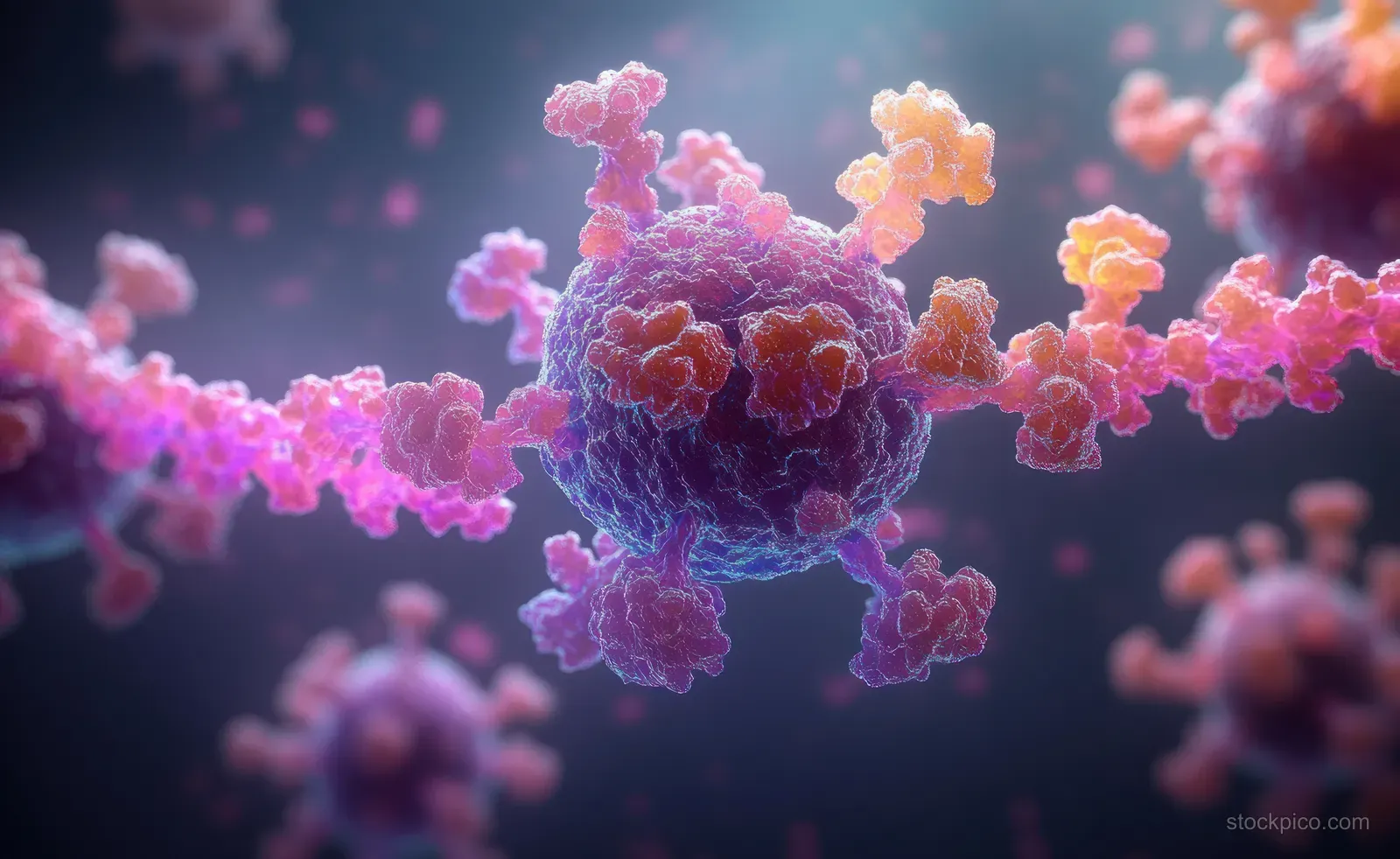Antibodies bind to a central virus particle as other microbes float in a dark microscopic background.
