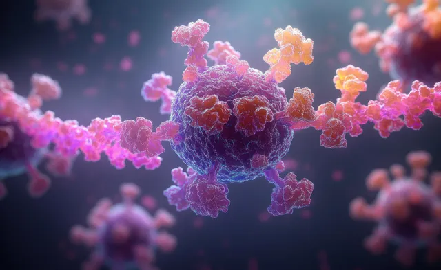 Antibodies bind to a central virus particle as other microbes float in a dark microscopic background.