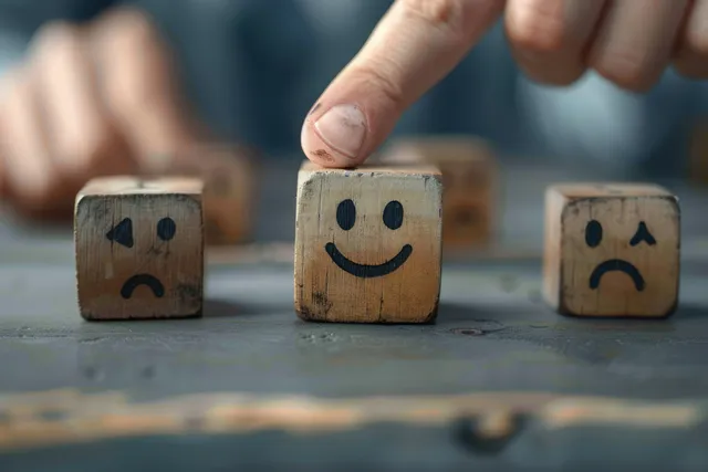 Hand pressing a wooden cube with a smile among cubes showing sad and confused faces