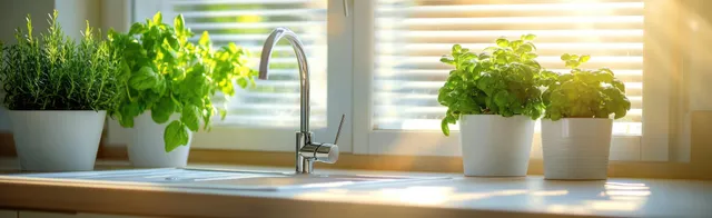 Sunlit kitchen sink with fresh green potted herbs on the windowsill