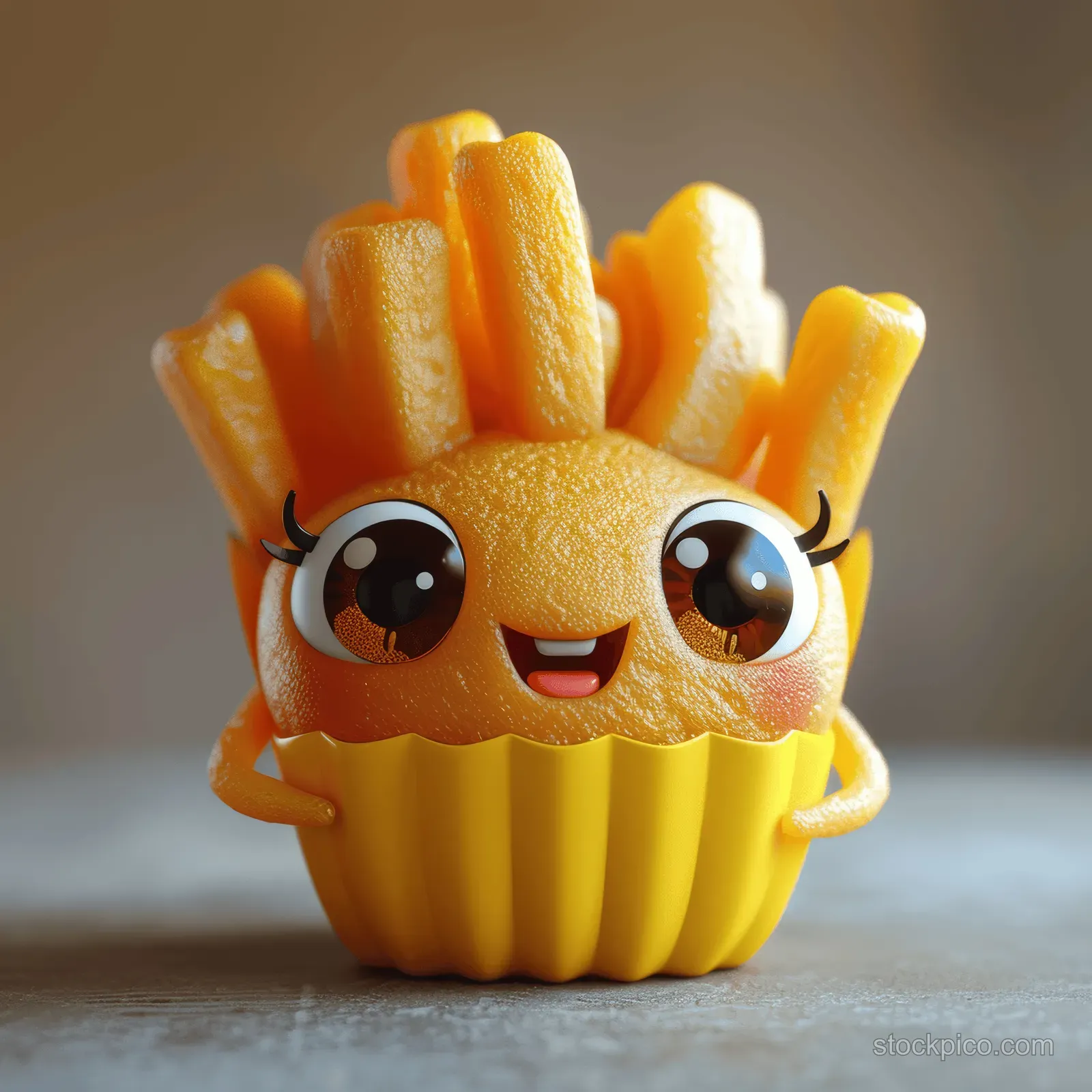 A yellow 3D French fries character with big eyes and a smiling face sits on a light surface.