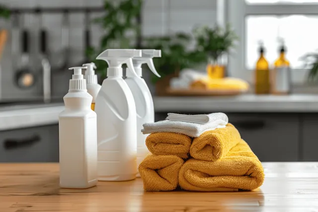 Eco cleaning supplies with soap bottles and folded towels on a wooden kitchen counter