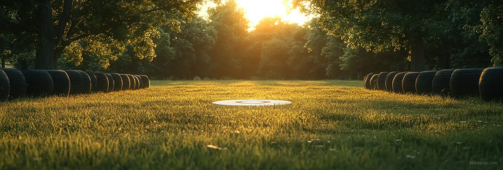 Paper target stands on a grassy shooting range at sunset with trees and warm golden light in the background.