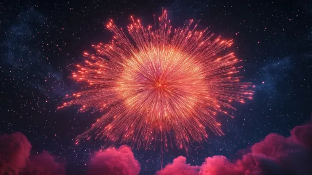 Red and orange firework bursts over a starry night sky with pink smoke clouds