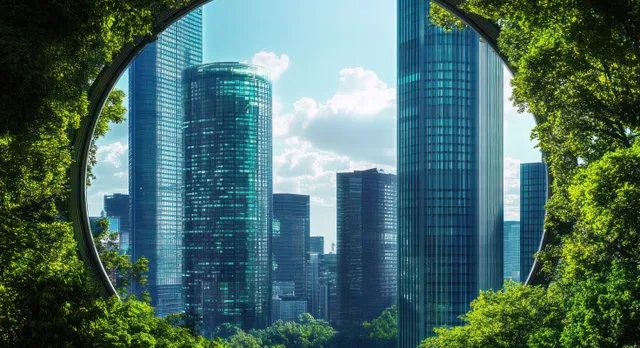 Green leaves form a circular frame around a glass skyscraper skyline under a bright blue cloudy sky.