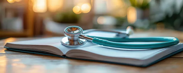 Stethoscope rests on an open medical book, warm desk lighting and shallow blur