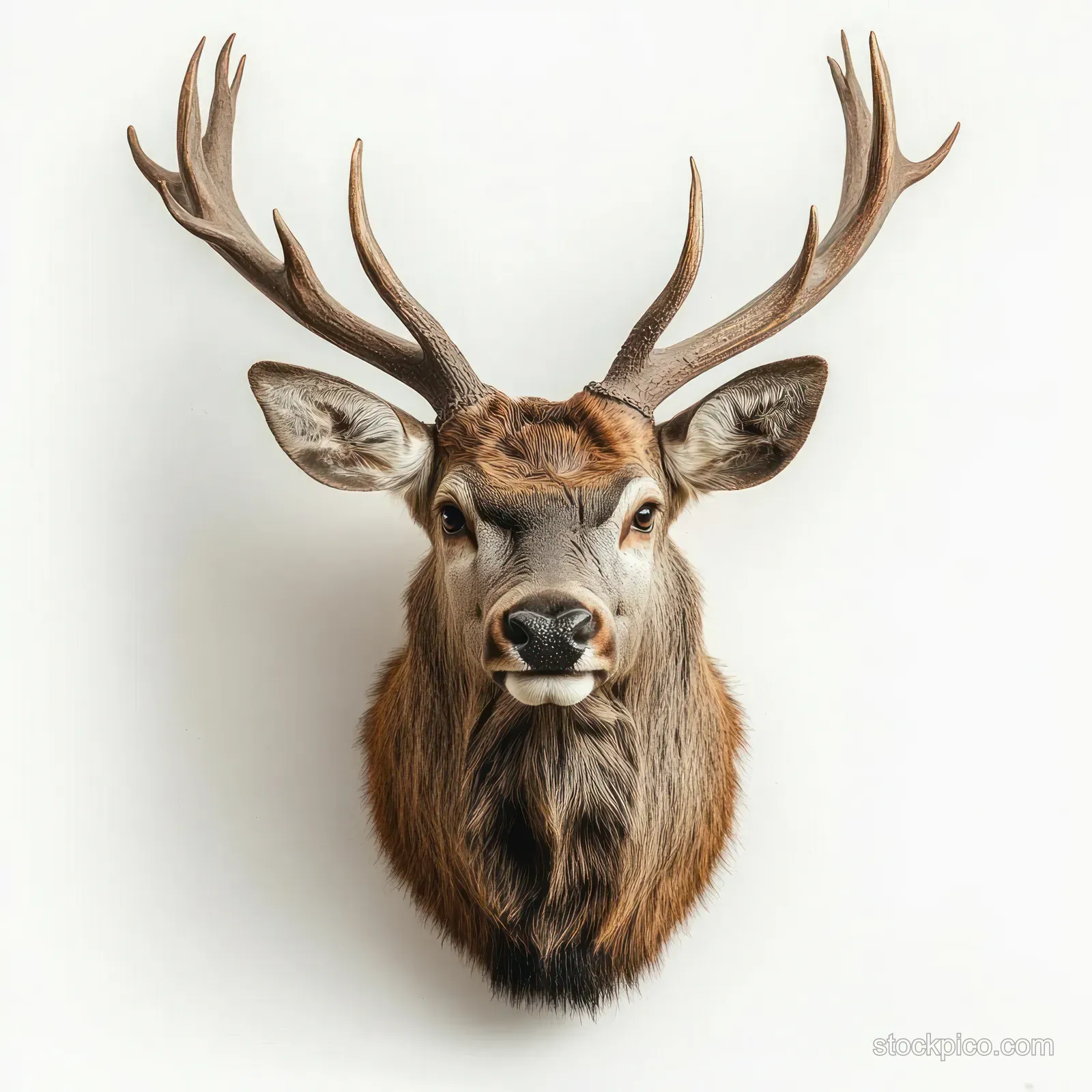 Mounted deer head with large antlers and detailed fur against a plain white background.