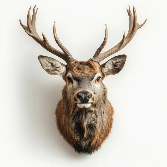 Mounted deer head with large antlers and detailed fur against a plain white background.