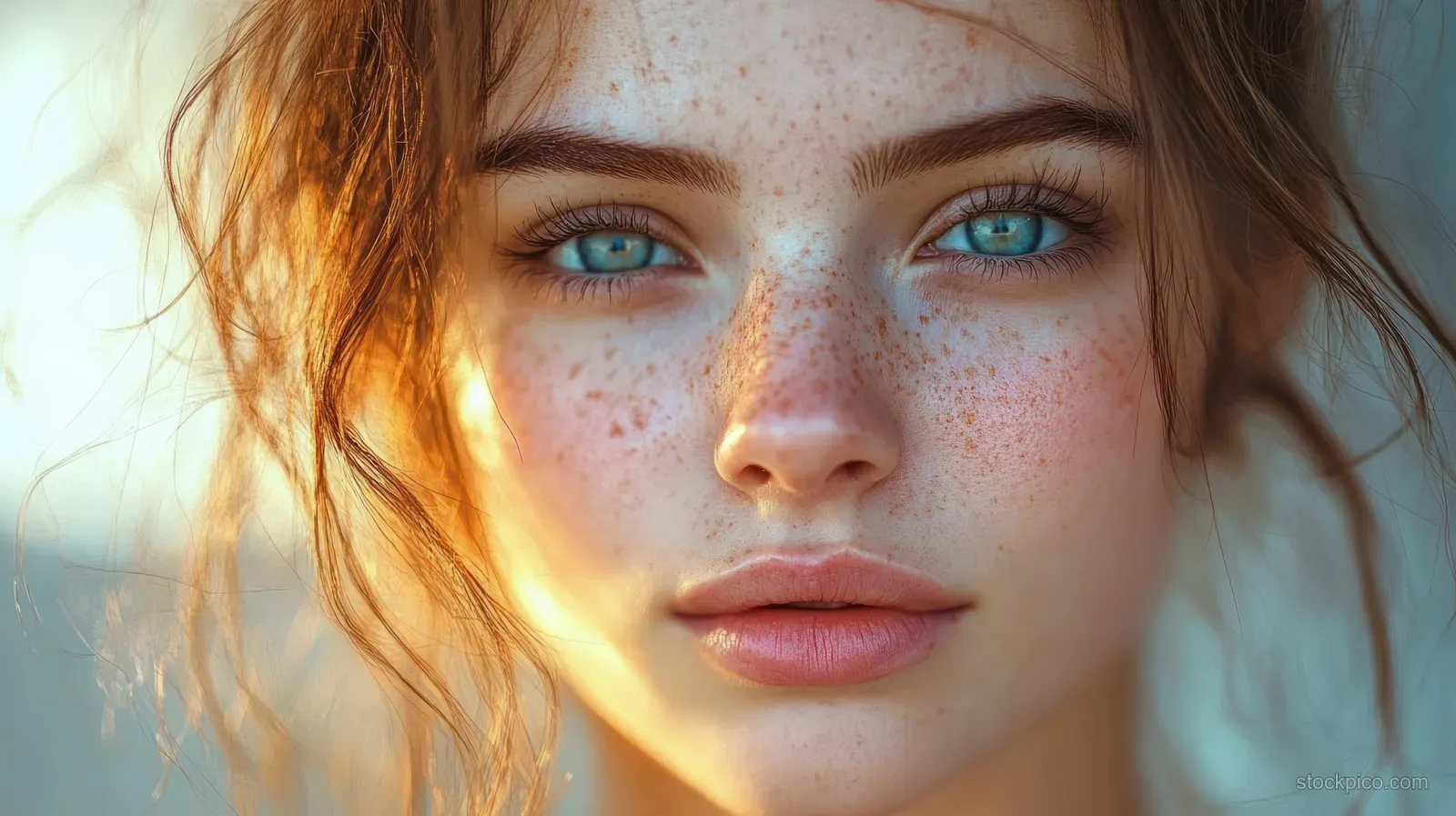 Close-up of a woman’s face with red inflamed acne spots on her cheeks in warm natural light.