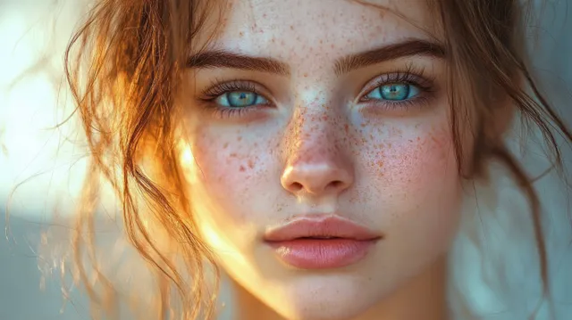 Primer plano del rostro de una mujer con manchas rojas de acné inflamado en las mejillas bajo una cálida luz natural.