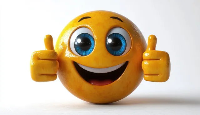 An orange 3D emoji with big blue eyes smiles and gives two thumbs up on a plain white background.