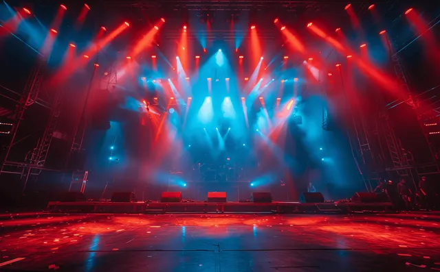 Empty concert stage under red and blue spotlights with light beams and haze