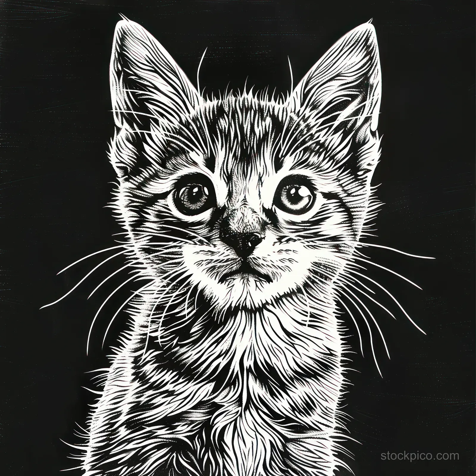 Front-facing kitten illustrated in black and white line art with large eyes, whiskers, and ears against a dark background.