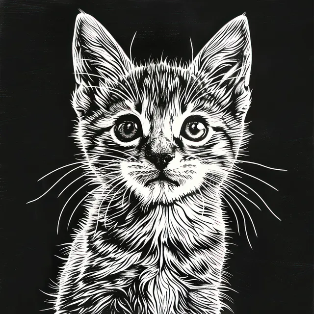 Front-facing kitten illustrated in black and white line art with large eyes, whiskers, and ears against a dark background.