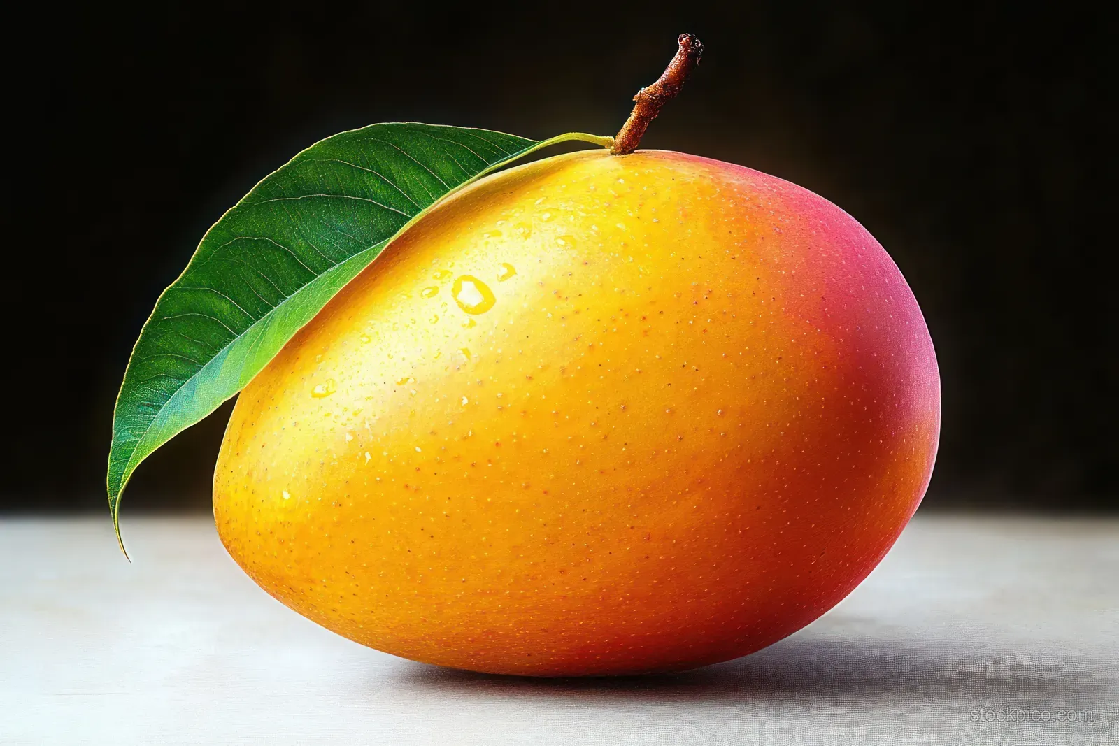 Ripe mango with a green leaf and visible water droplets on a dark background.