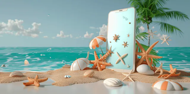 Smartphone mockup on sunny beach with starfish, seashells, and vacation accessories