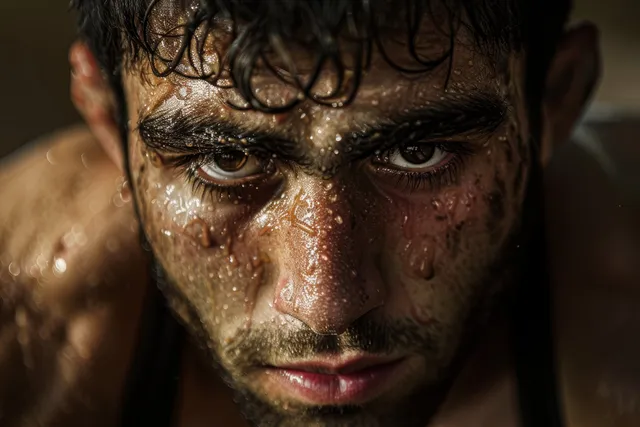 Focused Turkish freestyle wrestler in 74 kg match, sweat and intensity close-up