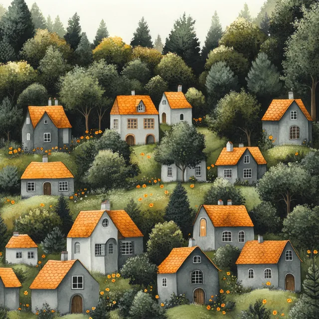 A winter village wallpaper shows tiled-roof houses among evergreen trees with gentle snowfall and tiny snowflakes.