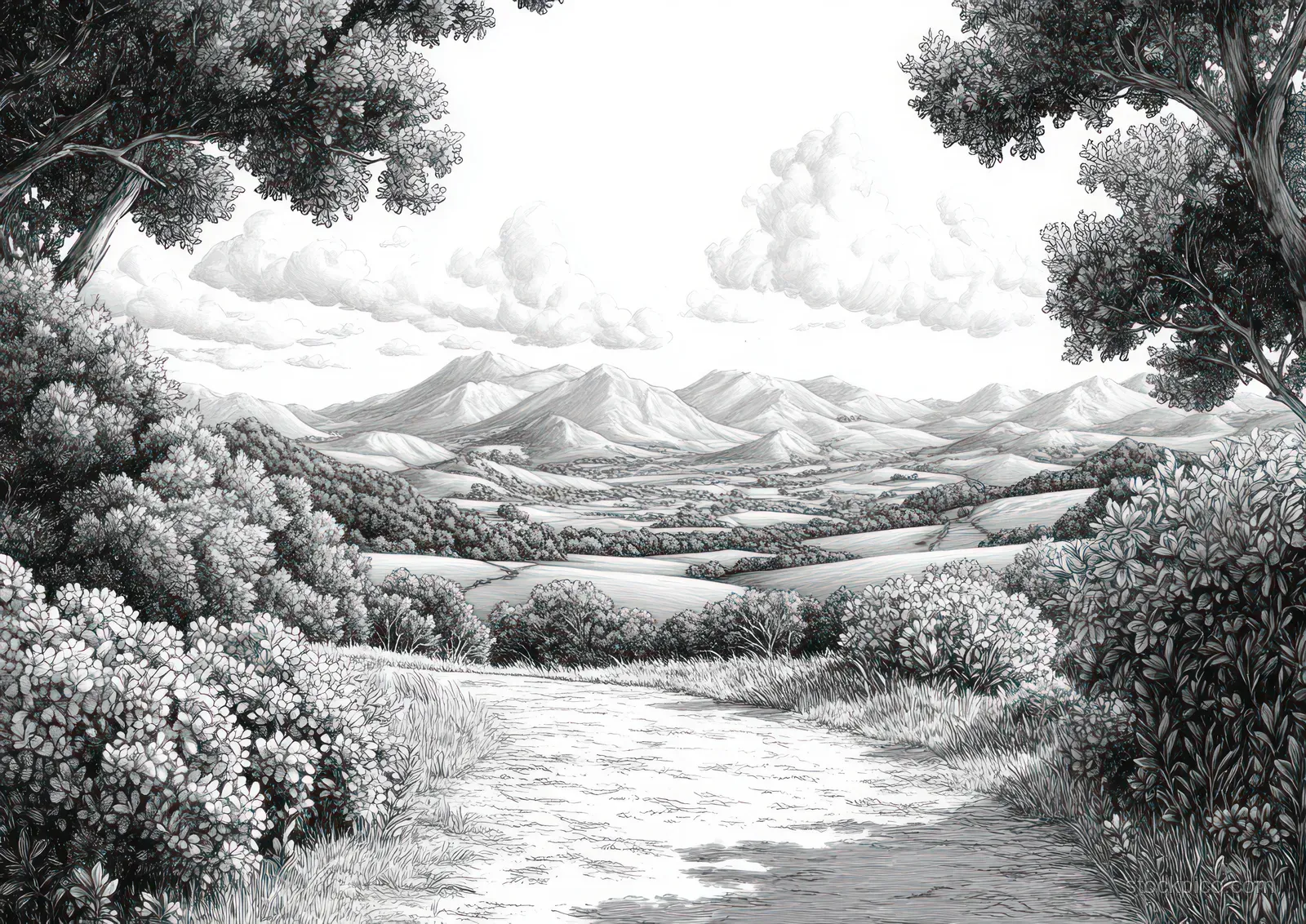 Monochrome pen-and-ink landscape with a winding path through dense vegetation toward layered distant hills.