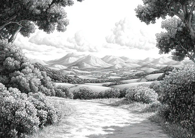 Monochrome pen-ink landscape path winding through lush vegetation toward distant mountain hills