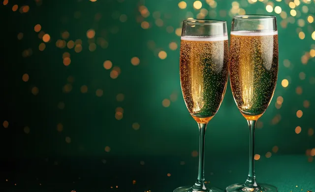 Two champagne flutes of golden sparkling wine with bubbles on a dark green background and warm bokeh lights.