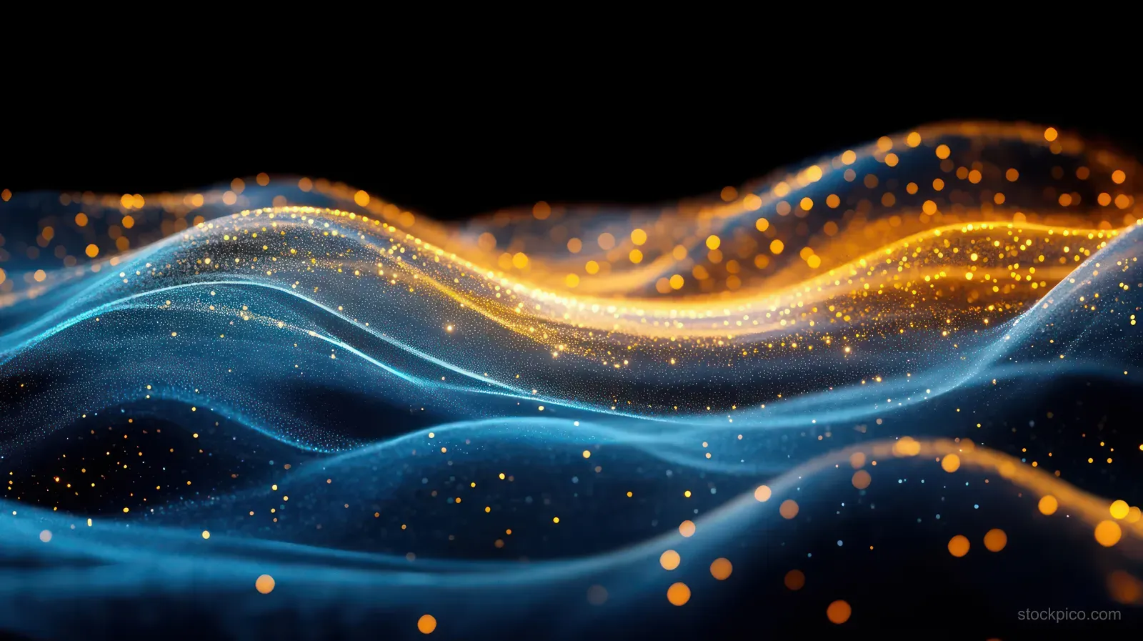 Glowing blue and orange particles form smooth layered wave curves across a dark background.