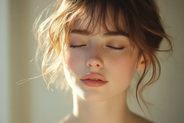 Young woman smiling while touching her smooth healthy skin in soft studio light
