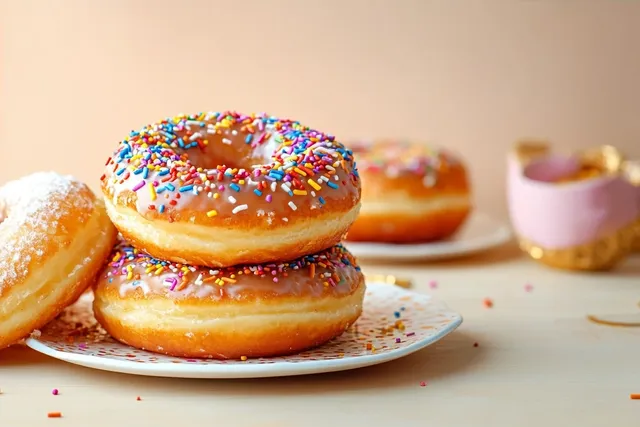 Glazed donut stack with colorful sprinkles on a plate atop wooden table