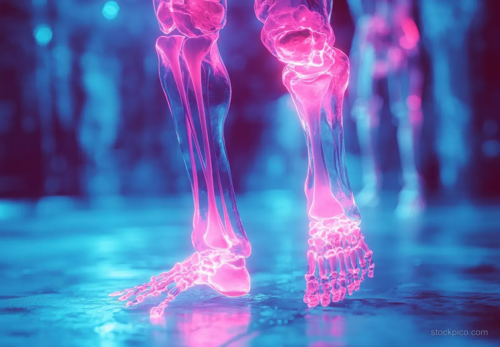 Glowing 3D femur and knee bones in a futuristic medical visualization with a blue-lit floor background.