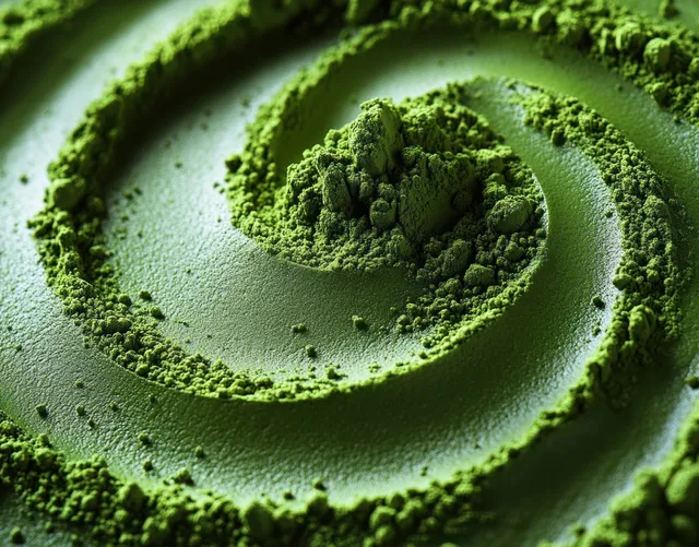 Vibrant green powder forms a swirling spiral with visible granular texture and curved ridges.