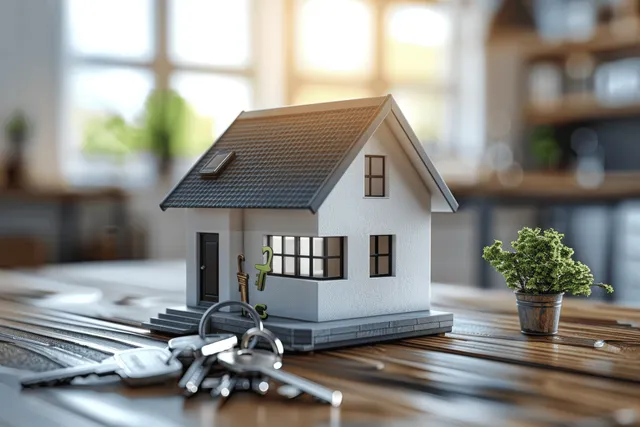 Model house and keys on kitchen counter with sunlit windows behind