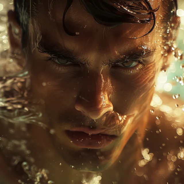 Male swimmer’s intense face close-up underwater with water droplets and swim cap during freestyle race.