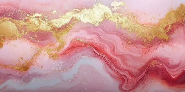 Ondas abstractas de mármol rosa y dorado con vetas metálicas tipo purpurina sobre un fondo liso.
